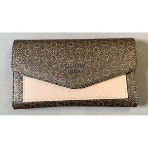 GUESS Brown Signature Logo Pink Accent Trifold Wallet Clutch Organizer